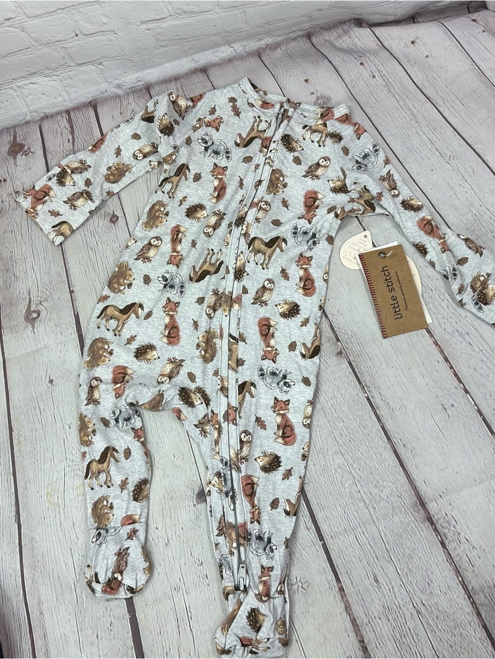 Little Stitch Gray Woodland Animal Footed One-Piece